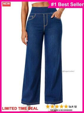 Women's Wide Leg Stretchy Pull On High Waist Jeans with Pockets